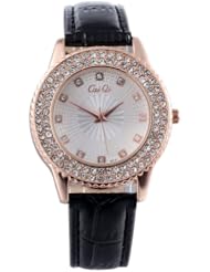 Sotijobs Fashion Concentric Circles Rhinestone Leather Band Charm Lady Wrist Watch Black