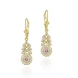 18K Gold over Sterling Silver Ruby & Diamond Flower w/ Leaves Leverback Earrings