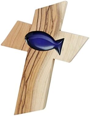 Wooden cross made from olive wood with a blue fish