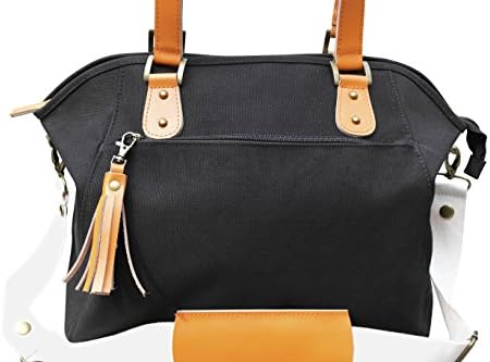 Diaper Bag, Tote Bag, Black Canvas, Leather, Canvas Lining, Baby Accessories Included