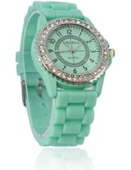 Towallmark 1PC Minit Green Fashion Geneva Silicone Golden Crystal Diamond Wrist Watch