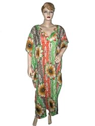 Red Green Caftan Lightweight Sheer Cotton Casual Beach Wear Floral Print Dress Cover Up