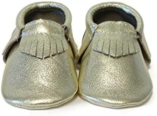 SnuggleRoo Leather Baby Moccasins Soft Sole Slip on Shoes with Stylish Fringe Handmade for Infants, Toddlers, Kids (US 5.5M, Gold)