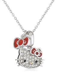 Hello Kitty by Simmons Jewelry Co. Czech Crystals Flat Pave Face and Red Bow Charm Dangle Girls Pendant Necklace