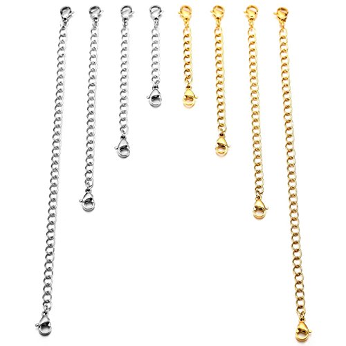 Silver Gold 8 PCS 2~6 inch Stainless Steel Bracelet Necklace Extenders Set