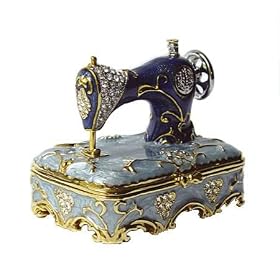 Blue Sewing Machine Box set with Swarovski Crystals 24K Gold Detailing, Trink...