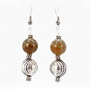 Round Agate Gemstone Bead and Sterling Silver Dangle Earrings, #7507