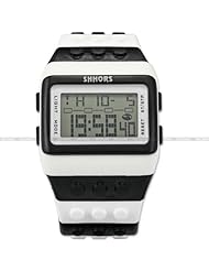 SHHORS White Black Waterproof Block Quartz Digital LED Stopwatch Sport Rubber Watch LED095