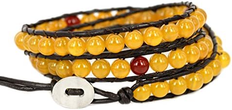 Blueyes Collection, "Energetic " Yellow Surround Red Point Agate Bead Leather Bracelet, 3 Wraps,6mm/bead