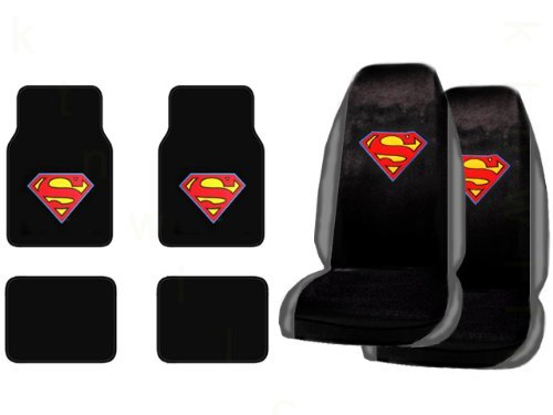  A Set of 4 Universal Fit Superman Classic Red and Yellow Shield Plush Carpet Floor Mats and A Set of 2 Universal Fit Seat Covers