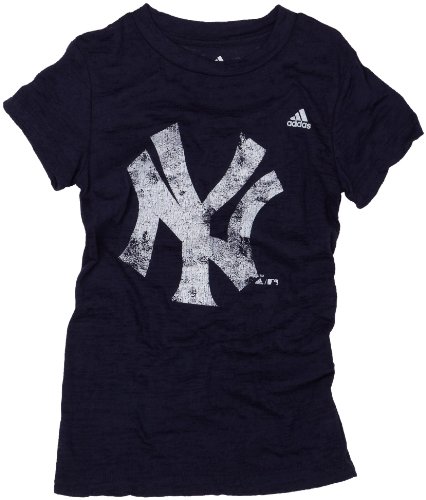MLB Girls' New York Yankees Short Sleeve Longer Length Burnout Tee, Navy, Large