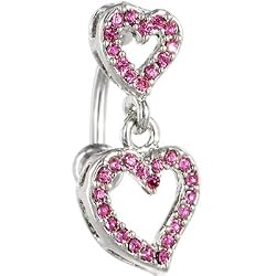 Pink Top Drop Pave Jeweled Dual Heart Belly Ring