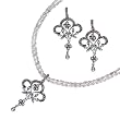 Fleur-de-lis Silver Natural Seed Pearl Pendant Necklace & Chandelier Earrings Set, White Pearl Chain - Dahlia Vintage Collection