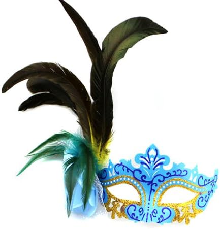 New PVC Glitter Venetian Masquerade Elegant Face Mask With Feather and Flower (Blue)