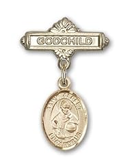 14kt Gold Baby Badge with St. Albert the Great Charm and Godchild Badge Pin. Saint Albert the Great Is the Patron Saint of Scientists & Philosophers.