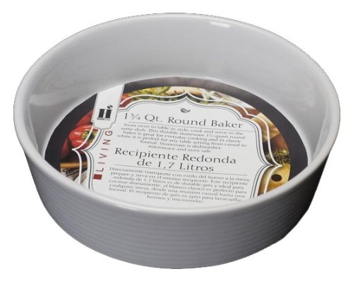Housewares International Ceramic Ribbed Bakeware Collection, 1-3/4-Quart Round Baking Dish, White