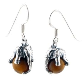 Sterling Silver African Elephant on Tiger Eye Gemstone Earrings