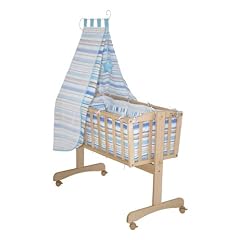 roba 8946 P39 blau - Komplettwiegenset Ma�e 90 x 40 cm, bestehend aus Wiege, Vliesmatratze, Kinderbettgarnitur Bettw�sche, gepolsterter Einhang, Patchworkmotiv, Baby-Inlett-Set, Himmelstange und Himmel, mit Wiegefunktion und Feststellknopf inklusiv Bremsrollensatz