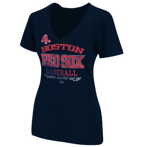 MLB Women's Boston Red Sox Hot Season Short Sleeve Deep V-Neck Slub Tee, Athletic Navy, XX-Large