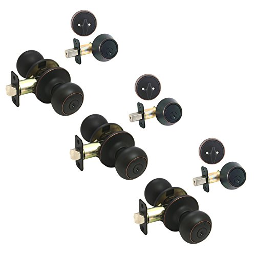 3 - Bedford Oil Rubbed Bronze Enry Knob with Matching Single Cylinder Deadbolt Combo Packs Keyed Alike (We Key Lock Orders Alike for Free)