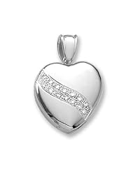 18k Premium Weight White Gold Heart Diamond Sash Heart Locket 1 inch x 1 inch in 18K
