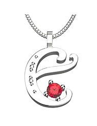 Sterling Silver Letter E - July Ruby Birthstone 18 Inch Necklace