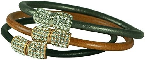 HAMPTON GEMS-3PCS- LEATHER BRACELETS WITH PAVE CRYSTALS- MAGENTIC CLOSURE. BLACK/GOLD, GRAY/SILVER, AND TAN/GOLD