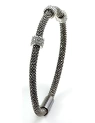 Sterling Silver & Cz 3 Station Black Rhodium Plated Magnetic Bangle
