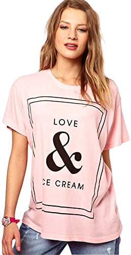 Xuanlin love and ice cream letter print cotton women tees(pink,L)