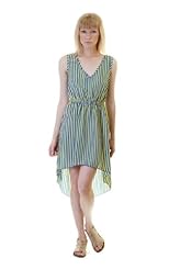 Junior V-neck High-Low-Hem Polyester Vertical Stripe Sleeveless  Dress