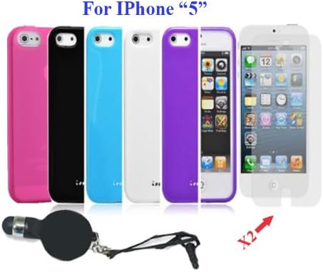 7 Items Essential Protector Accessories Bundle kit for The New iPhone, New Apple iPhone 5 6th Generation 5G , 5 Flexable TPU cases (Black/White/Pink/Purple/Blue) 2 Screen Protectors and 1 tag stylus pen