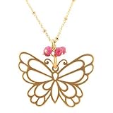 Open Design Gold Vermeil Butterfly Pendant with Ruby Gemstone Beads on a 16" 14kt Gold Filled Saturn Bead Chain, #7710