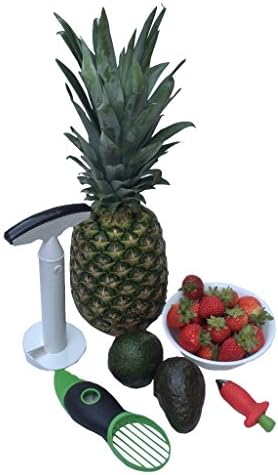 Durable Pineapple Corer, White Black with Plastic Avocado Slicer, Green Black and Stainless Steel Tip Strawberry Huller, Red