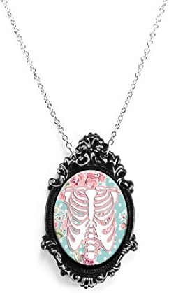 Pastel Ribcage Cameo Necklace with Ornate Silver and Black Frame on 18" Chain