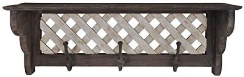 Solid Wood Distressed Wall Shelf with Hooks (White/Natural)