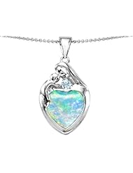 Original Star K (tm) Large Loving Mother With Child Family Pendant With Heart Shape 12mm Created Opal in 925 Sterling Silver