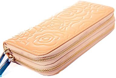 Genuine Leather Flower Embossed 2 Zipper Ladies Wallet (Beige)