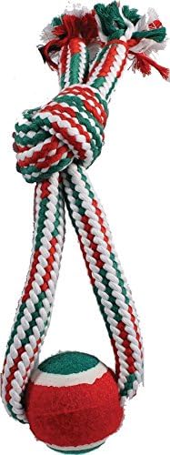 SPOT Ethical Christmas 58431 689842 Holiday Crinkle Rope with Tennis Ball Tug Dog Toy, Red/Green, 13"