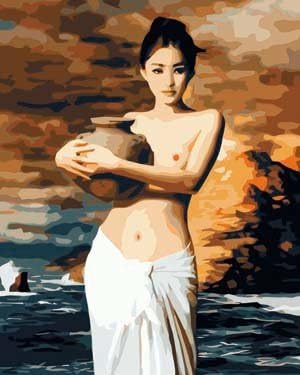 DIY Fans® New Paint by Number Kits for Adults Kids - Women Hold Ceramics 16x20 inch Linen Canvas without Wooden Frame