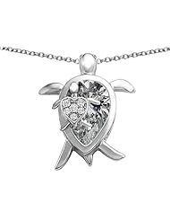 Original Star K (tm) Large Mother and Baby Lucky Turtle family Pendant with 12x8mm Pear Shape Genuine White Topaz in 925 Sterling Silver