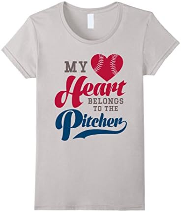Women's PITCHER MOM T SHIRT. MY HEART BELONGS TO THE PITCHER Small Silver