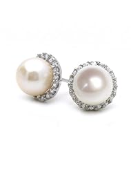14K White Gold Stud Earring 8mm Round Pearl Halo Setting Earring