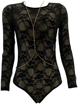 It Girl - Women's Long Sleeves Lace With Body-chain Bodysuit - Black