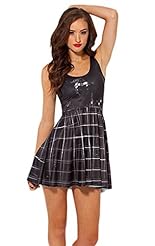 Sleeveless Polyester/Spandex Scoop Neck Checkered Print Pleated Skater Dress/Jumper 