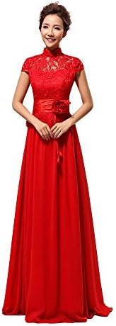 Vogue008 Womens High Neck Cap Sleeve Chiffon Lace Solid Formal Dress with Flower-18WB-Red
