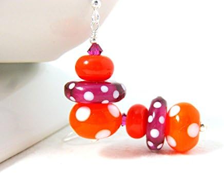 Orange Hot Pink Polka Dot Glass Dangle Earrings