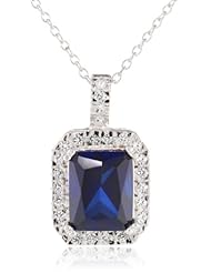 Sterling Silver Created Blue and White Sapphire Emerald Shaped Pendant Necklace, 18"