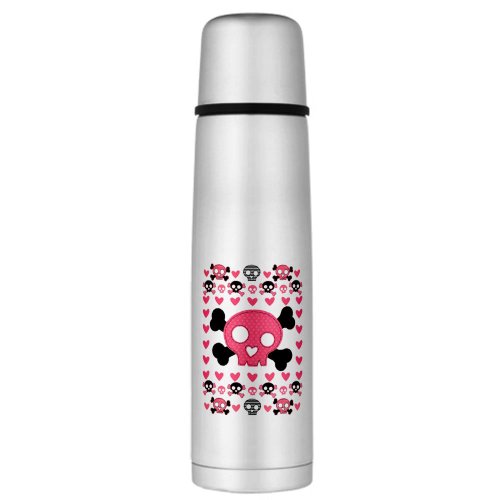 Large Thermos Bottle Pink Hearts and Skulls