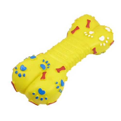 Image of Como Yellow Rubber Bone Shaped Paws Pattern Squeaky Dog Cat Pet Toy