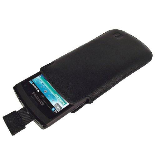 iGadgitz Black Genuine Leather Pouch Case Cover for Samsung Wave 2 S8530 Android Smartphone Cell Phone